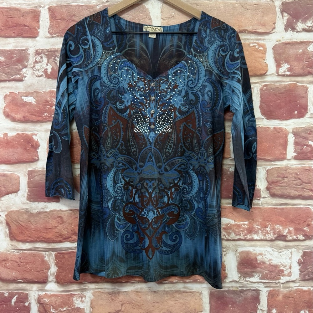 Energe World Wear Top Women's S Blue Boho Floral Rhinestone Henley Casual Shirt